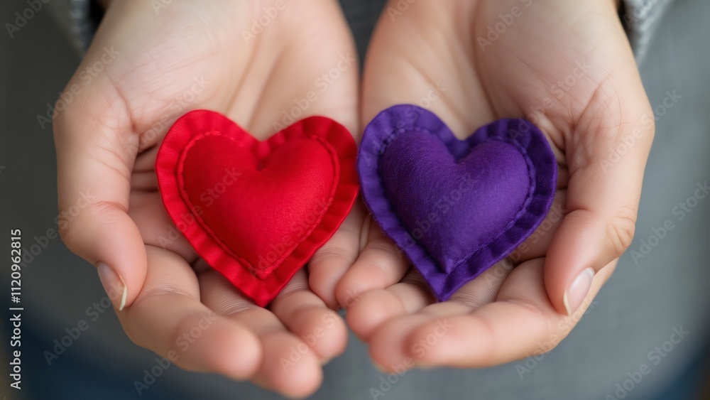 Close-up of Two Hands Gently Holding Tiny Felt Hearts, One Red and One Purple, Symbolizing Love, Care, and Affection. Close-up of Two Hands Gently Holding Tiny Felt Hearts, One Red and One Purple, Symbolizing Love, Care, and Affection.