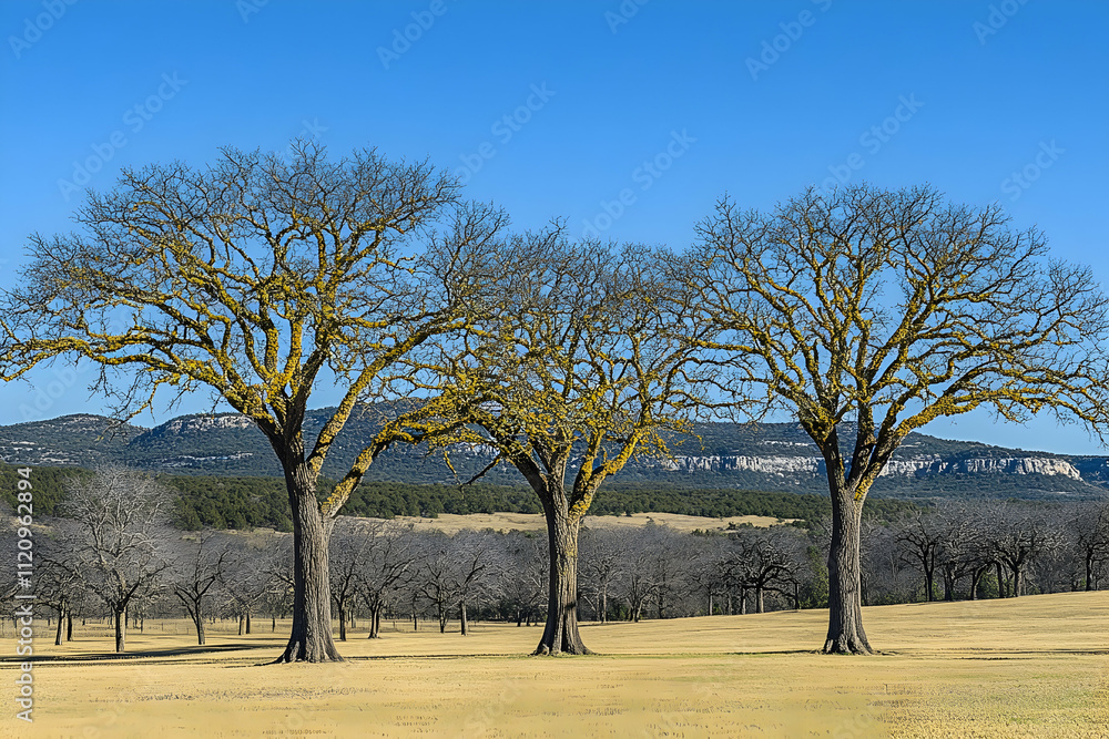 Three bare trees with yellow lichen stand in a field against a mountain backdrop under a clear blue sky. Three bare trees with yellow lichen stand in a field against a mountain backdrop under a clear blue sky.