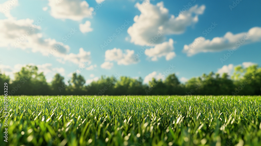 Bright green grass stretches under a clear blue sky with scattered clouds in a serene landscape Bright green grass stretches under a clear blue sky with scattered clouds in a serene landscape