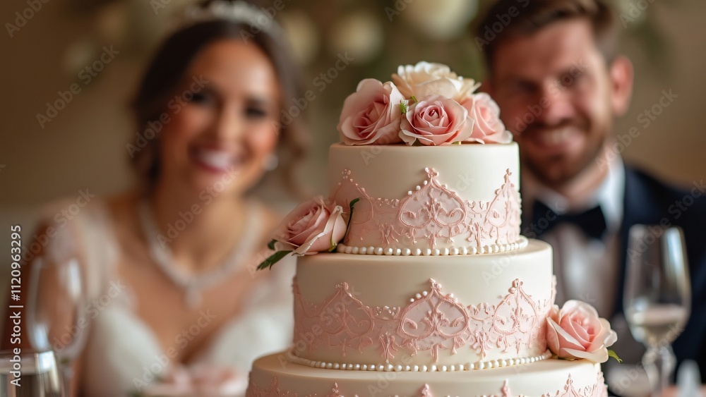 Elegant Three-Tiered Wedding Cake with Delicate Pink Lace, Roses, and Pearls, Romantic Wedding Reception Detail Elegant Three-Tiered Wedding Cake with Delicate Pink Lace, Roses, and Pearls, Romantic Wedding Reception Detail