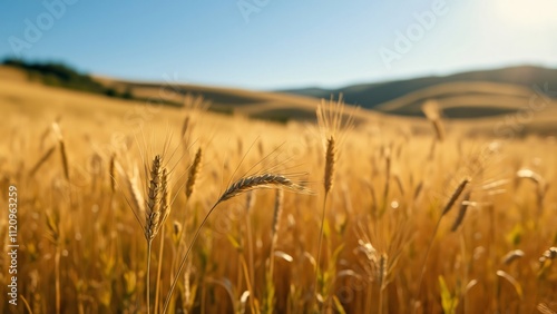 Golden Wheat Field, Rolling Hills, Blue Sky -  photo