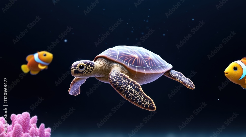 A sea turtle swimming among colorful clownfish and coral. A sea turtle swimming among colorful clownfish and coral.