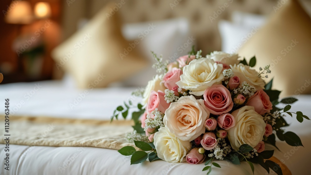 Elegant Wedding Bouquet of Pink and White Roses on Luxurious Bed Elegant Wedding Bouquet of Pink and White Roses on Luxurious Bed