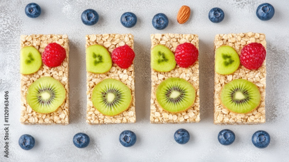 Colorful fruit-topped granola bars arranged on a surface with blueberries and an almond. Colorful fruit-topped granola bars arranged on a surface with blueberries and an almond.