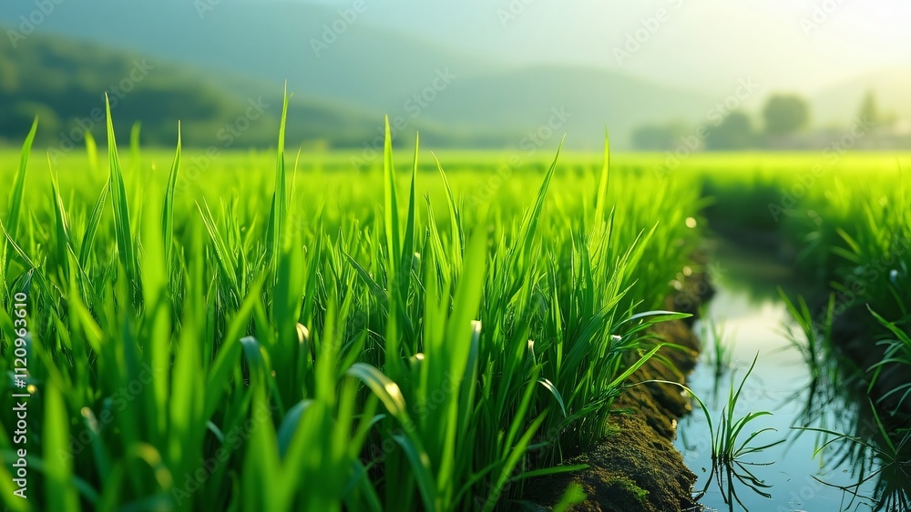 Fototapeta premium Serene Lush Green Rice Paddy Fields, Vibrant Nature Landscape Photography