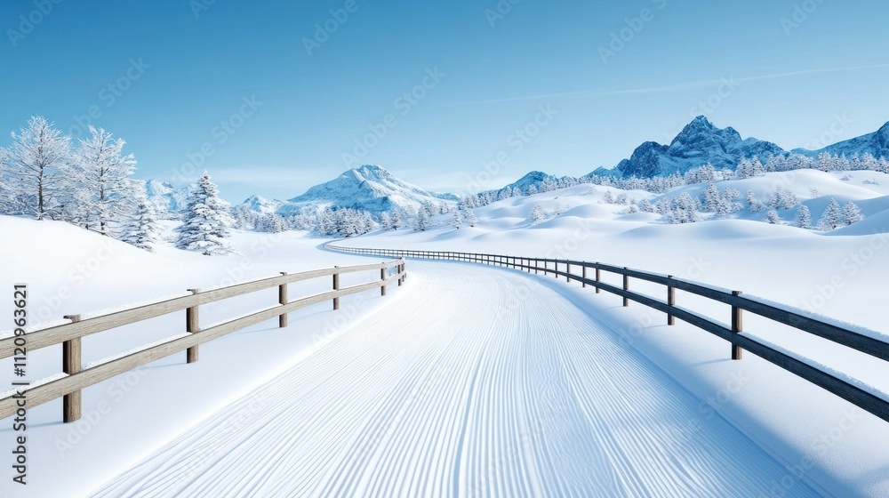 Snow-covered landscape with a winding path and mountains in the distance. Snow-covered landscape with a winding path and mountains in the distance.
