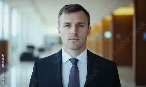 Professional man in a suit standing in a modern office environment.