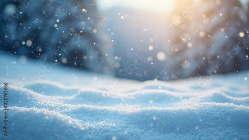 Stunning Winter Wonderland Background, Snow-Covered Hills, Blizzard, Bokeh Lights, Product Display photo