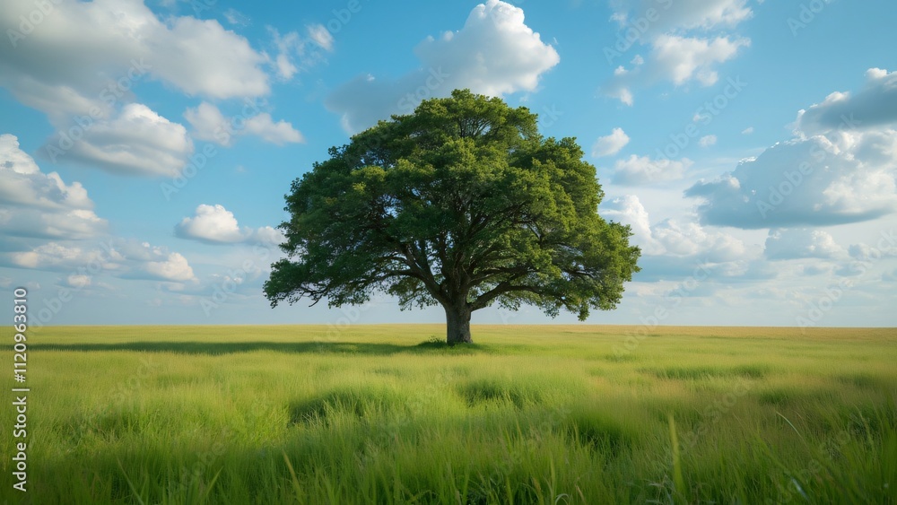 Majestic Oak Tree in Summer Field, Blue Sky, Lush Green Grass - AI Generated Image Majestic Oak Tree in Summer Field, Blue Sky, Lush Green Grass - AI Generated Image