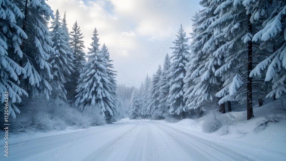 Enchanting Snowy Road Through Snow-Covered Pine Trees, Serene Winter Landscape Photography Enchanting Snowy Road Through Snow-Covered Pine Trees, Serene Winter Landscape Photography