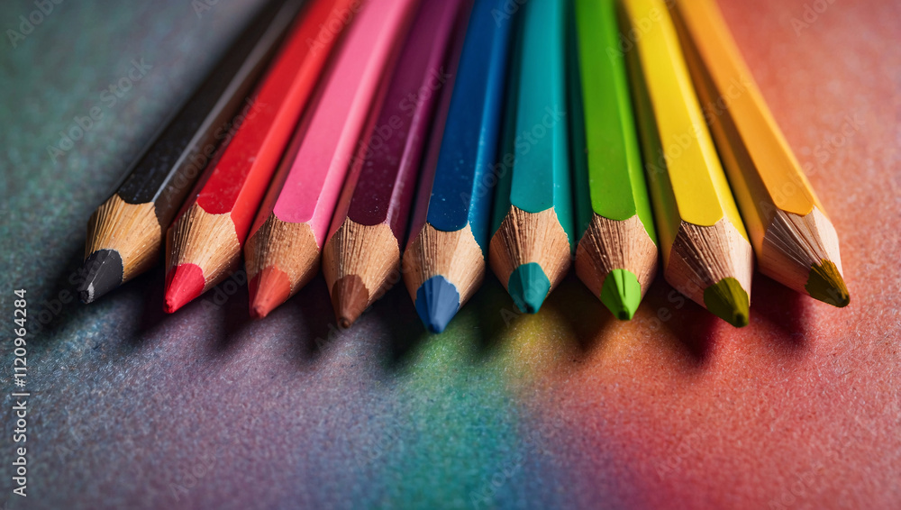 Gradient Arrangement of Glossy Colored Pencils on Textured Surface Gradient Arrangement of Glossy Colored Pencils on Textured Surface
