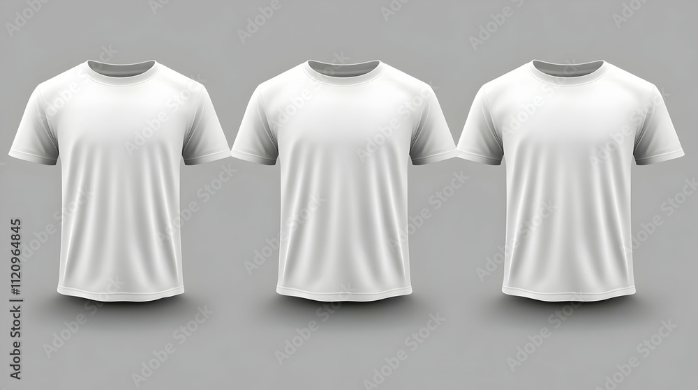 Three white t-shirts, front view, mockup. Three white t-shirts, front view, mockup.