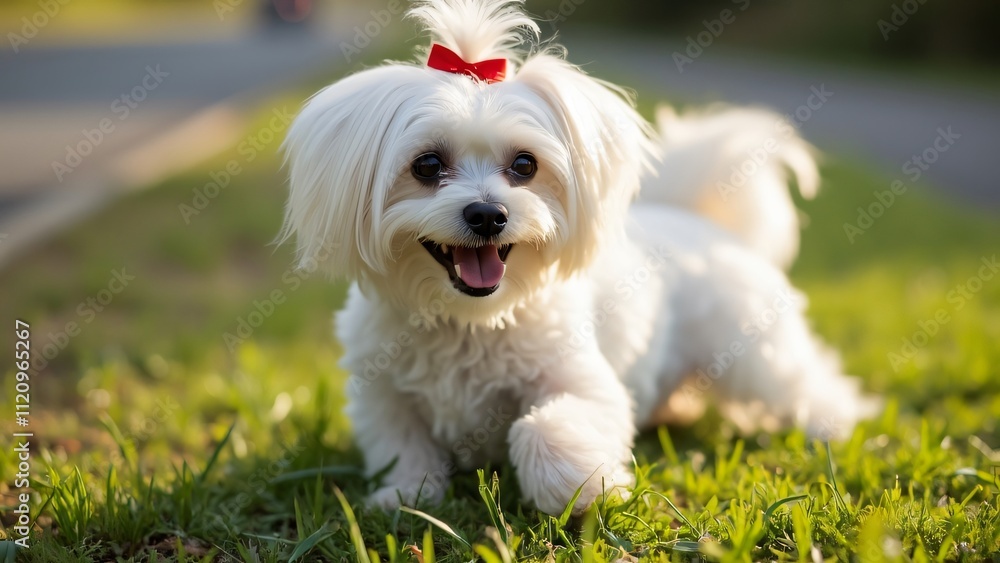 Adorable Maltese Puppy Playing in Grass Near Road, Cute Fluffy Dog with Red Ribbon Adorable Maltese Puppy Playing in Grass Near Road, Cute Fluffy Dog with Red Ribbon
