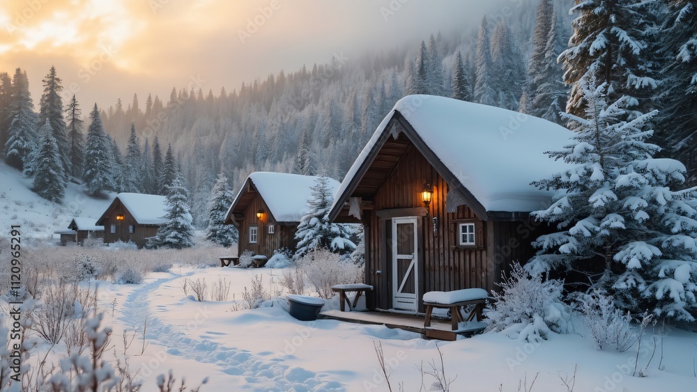 Charming Wooden Cabins in Snowy Alpine Meadow, Surrounded by Dense Forest at Sunset Charming Wooden Cabins in Snowy Alpine Meadow, Surrounded by Dense Forest at Sunset