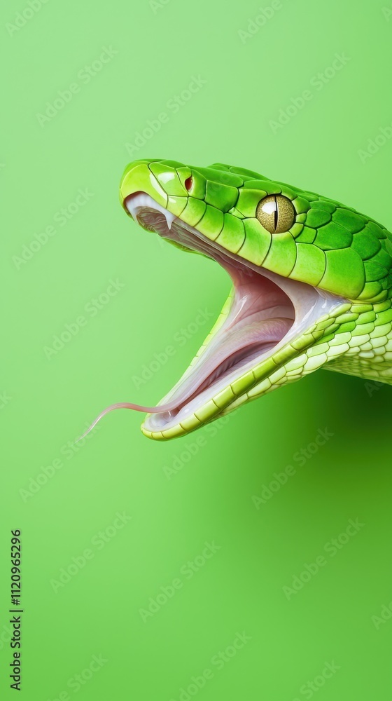 A green snake with its mouth open and tongue out A green snake with its mouth open and tongue out