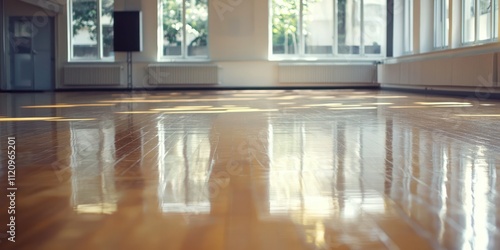 Empty dance studio with polished floors, ready for a ballet class