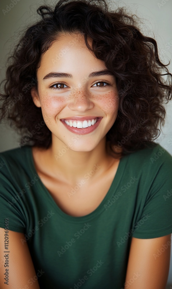 Smiling young woman with curly hair, wearing a green shirt. Smiling young woman with curly hair, wearing a green shirt.