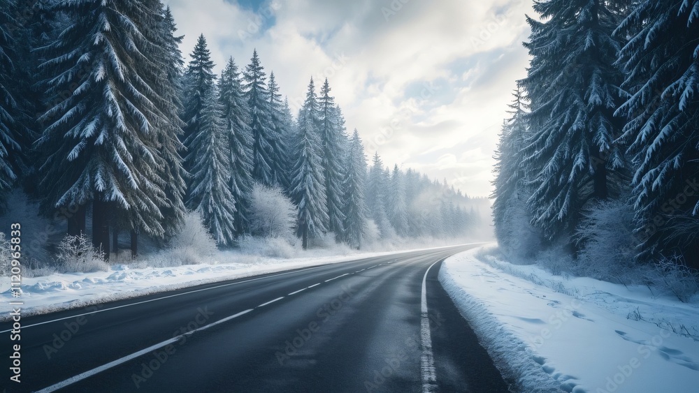 Obraz premium Scenic Empty Road in Snowy Black Forest, Germany, Winter Wonderland Landscape Photography