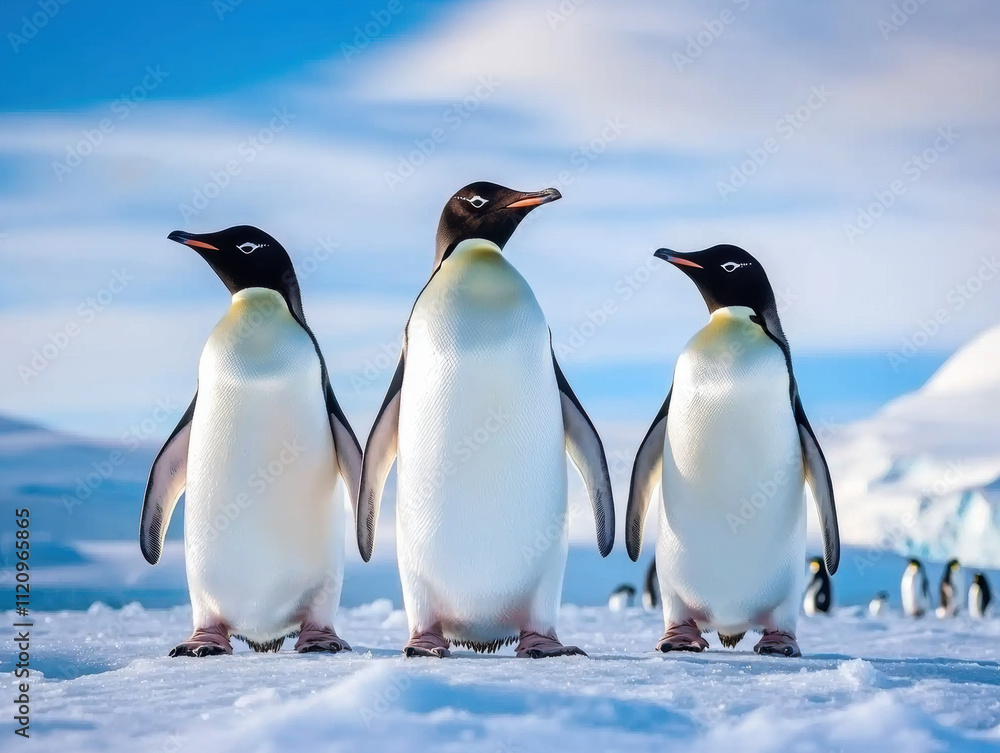Fototapeta premium Climate change wildlife crisis concept. Three penguins stand together on a snowy landscape, showcasing their distinctive black and white plumage against a serene, icy backdrop.
