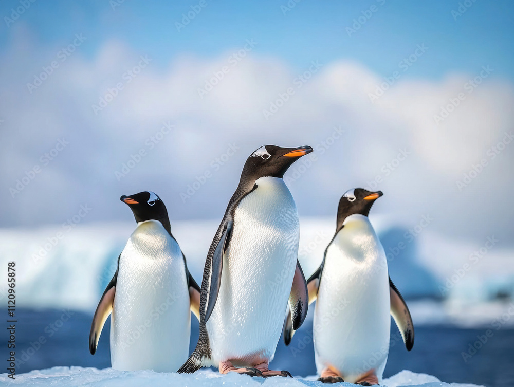 Obraz premium Climate change wildlife crisis concept. Three penguins stand on ice against a blue sky, embodying the icy elegance of their natural habitat.