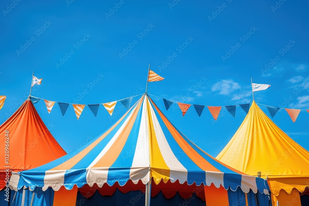 Colorful striped circus tents under a bright blue sky, decorated with bunting. Perfect for themes of fun, festivals, and celebrations. Colorful striped circus tents under a bright blue sky, decorated with bunting. Perfect for themes of fun, festivals, and celebrations.