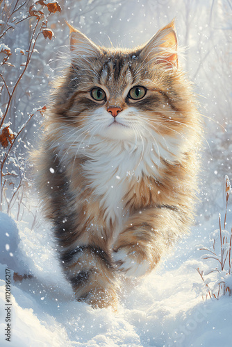 A fluffy cat with a thick, soft coat gracefully walking, exuding elegance and charm in motion.

 photo