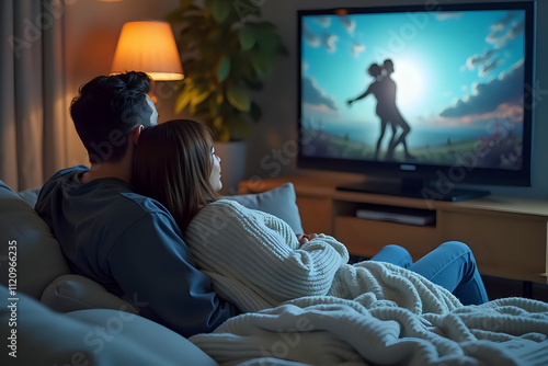 Intimate Couple Snuggling Under Blanket During Cozy Movie Evening at Home