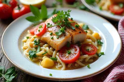 Pan-seared fish fillet over creamy pasta with cherry tomatoes