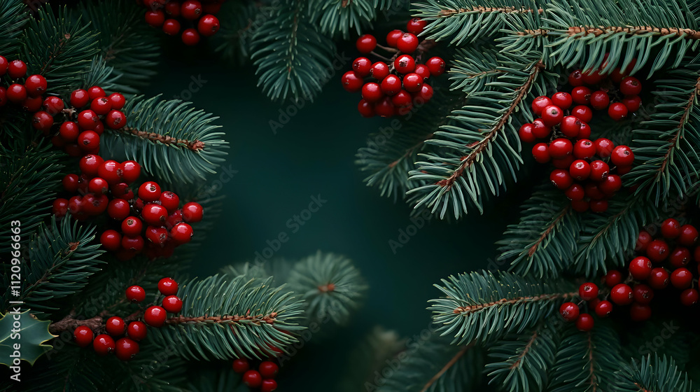 Winter Holiday: Festive Red Berries & Green Pine Branches Winter Holiday: Festive Red Berries & Green Pine Branches