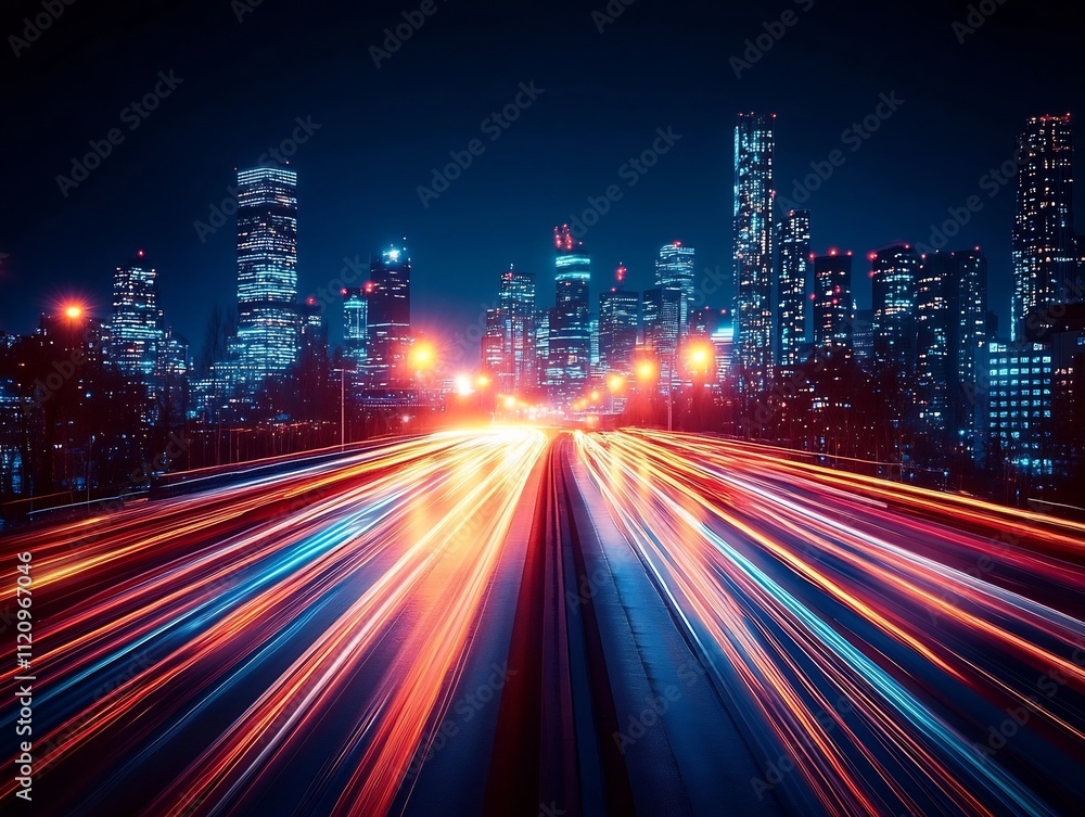 Obraz premium Dazzling Nighttime Cityscape with Glowing Skyscrapers and Blurred Traffic Trails