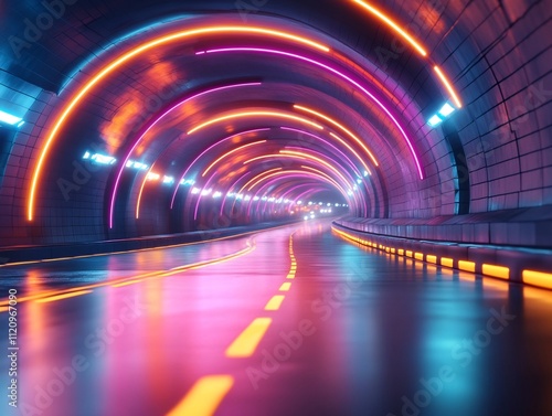 Futuristic Neon Tunnel of Illuminated Architectural Pathway with Vibrant Glowing Lights and Dynamic Motion photo