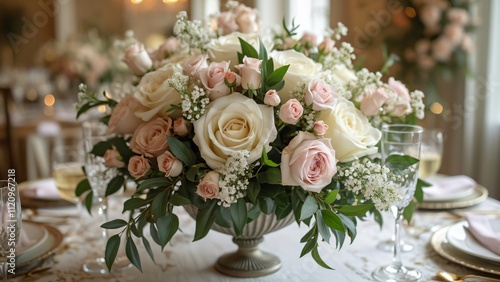 Elegant Wedding Centerpiece, Stunning White & Pink Rose Bouquet on Table