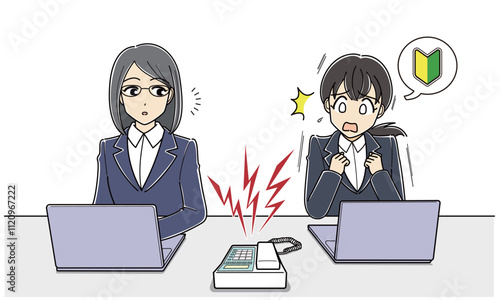 電話恐怖症・電話が鳴って怖がる新人女性とそれを見ているメガネの女性