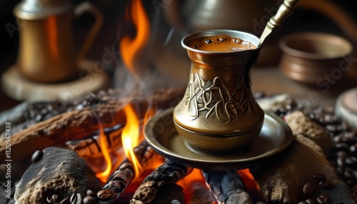 Brewing traditional coffee over open flame rustic setting beverage preparation cozy atmosphere close-up view cultural experience photo