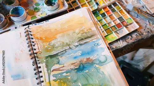 Art Notebook with Watercolor Paint - a creative and inspiring visual. The combination of an art notebook and vibrant watercolors evokes imagination and artistic expression. photo