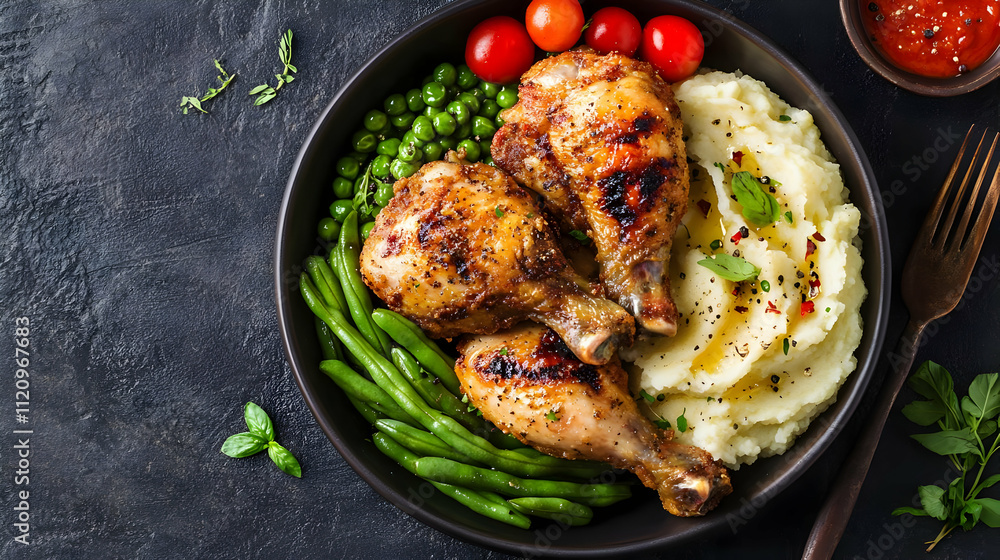 Roasted Chicken Legs with Mashed Potatoes and Green Beans - Food Photography Roasted Chicken Legs with Mashed Potatoes and Green Beans - Food Photography