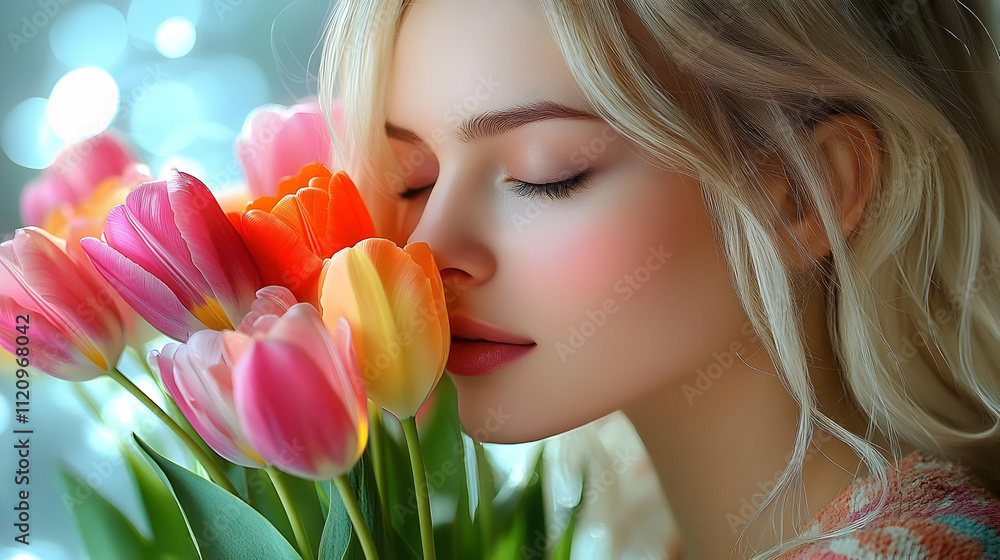 Woman Inhales Sweet Tulip Fragrance Deeply, Spring Flowers Bloom Beautifully