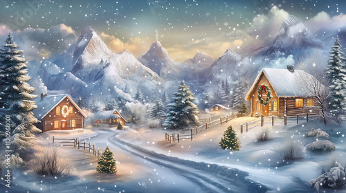 Wallpaper Mural Photo realistic mountain range with beautiful scenery of a white christmas Torontodigital.ca