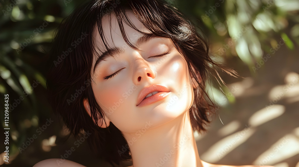 Sunlight Kisses: Woman's Face, Serene, Calm, Relaxed, Peaceful, Tranquil, Soft, Gentle, Tender, Beautiful, Summer, Nature's Embrace. Sunlight Kisses: Woman's Face, Serene, Calm, Relaxed, Peaceful, Tranquil, Soft, Gentle, Tender, Beautiful, Summer, Nature's Embrace.