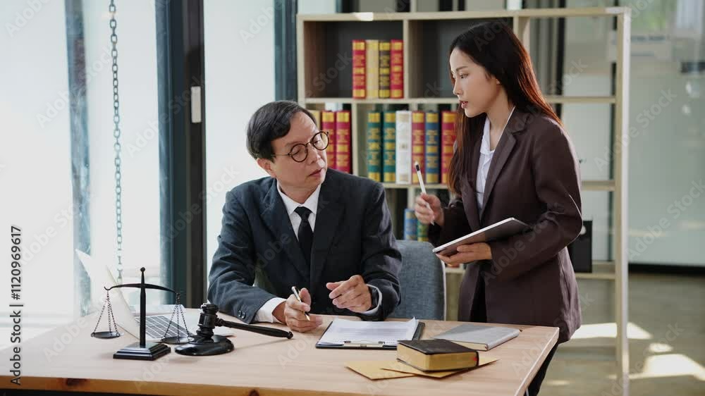 Lawyers discussing legal documents in the office with hammer and scales of justice on the table. Consultation and meeting of the concept of law, judge hammer with the scales of justice. Lawyers discussing legal documents in the office with hammer and scales of justice on the table. Consultation and meeting of the concept of law, judge hammer with the scales of justice.
