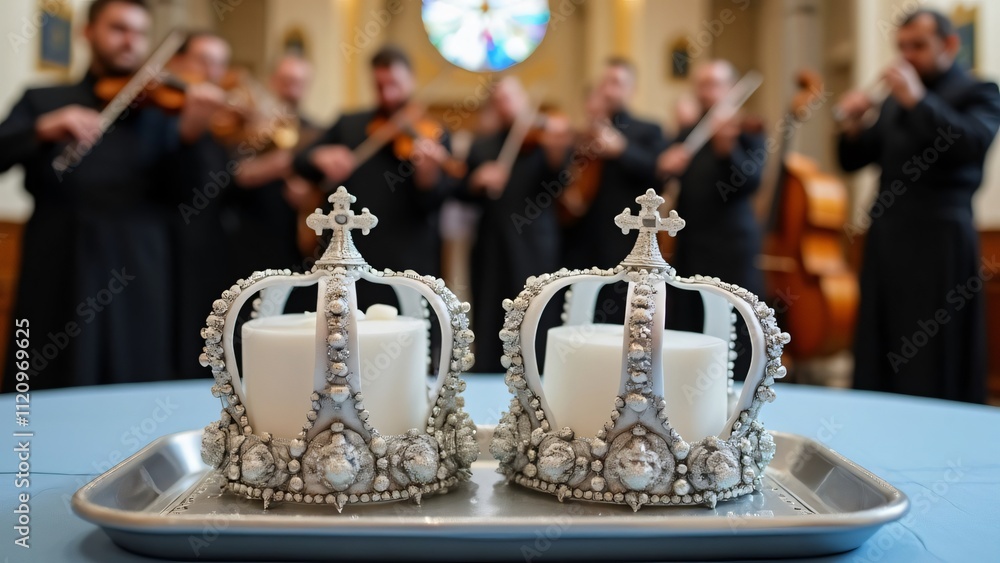 Fototapeta premium Orthodox Wedding Crowns, Silver Decorated Crowns on Blue Linen, Festive Ceremony with Blurred Musicians