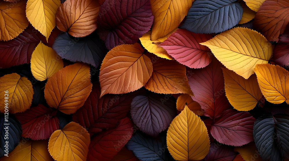 Fototapeta premium Autumn Leaves: Colorful Foliage, Vibrant Hues, Nature's Palette, Seasonal Beauty, Fall Colors, Golden Yellow, Deep Red, Dark Purple, Leaf Textures, Nature Photography, Botanical Images