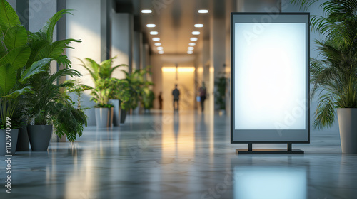 Modern indoor hallway with vertical blank billboard surrounded by plants