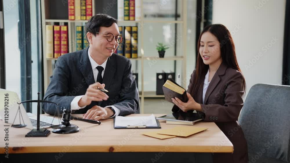 Lawyers discussing legal documents in the office with hammer and scales of justice on the table. Consultation and meeting of the concept of law, judge hammer with the scales of justice. Lawyers discussing legal documents in the office with hammer and scales of justice on the table. Consultation and meeting of the concept of law, judge hammer with the scales of justice.