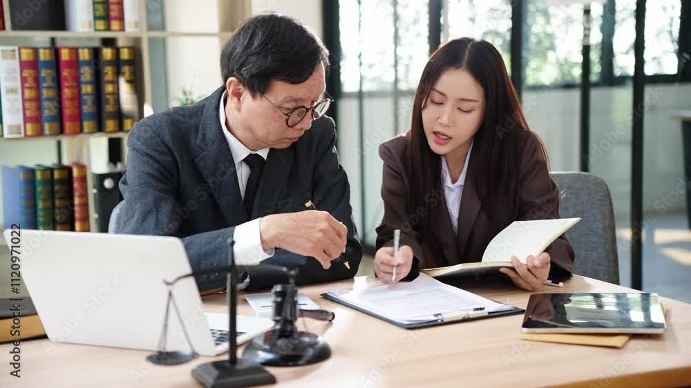 Lawyers discussing legal documents in the office with hammer and scales of justice on the table. Consultation and meeting of the concept of law, judge hammer with the scales of justice. Lawyers discussing legal documents in the office with hammer and scales of justice on the table. Consultation and meeting of the concept of law, judge hammer with the scales of justice.