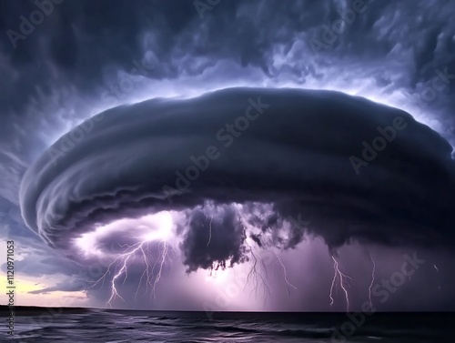 Dramatic Storm Clouds and Lightning Striking Over a Lake with Reflection photo