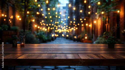 Evening Street Lights Illuminate Wooden Table