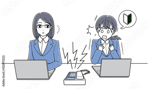 電話恐怖症・電話が鳴って怖がる新人女性とそれを見ているメガネの女性（シンプル）