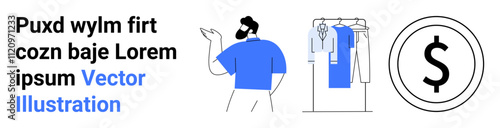 Man pointing at clothing rack with hanging clothes, dollar currency sign, placeholder text. Ideal for e-commerce, fashion, sales, presentations, marketing online shopping business concepts. Landing