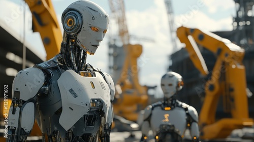 Two humanoid robots in an industrial setting, showcasing advanced technology and automation.